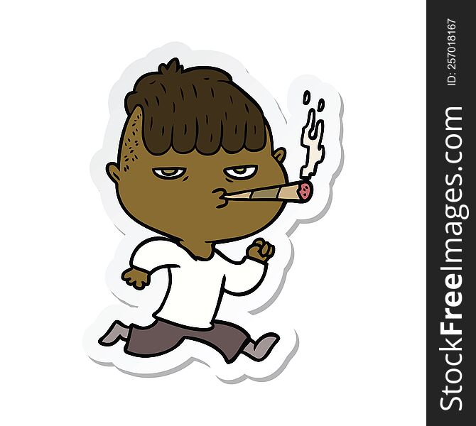 sticker of a cartoon man smoking whilst running