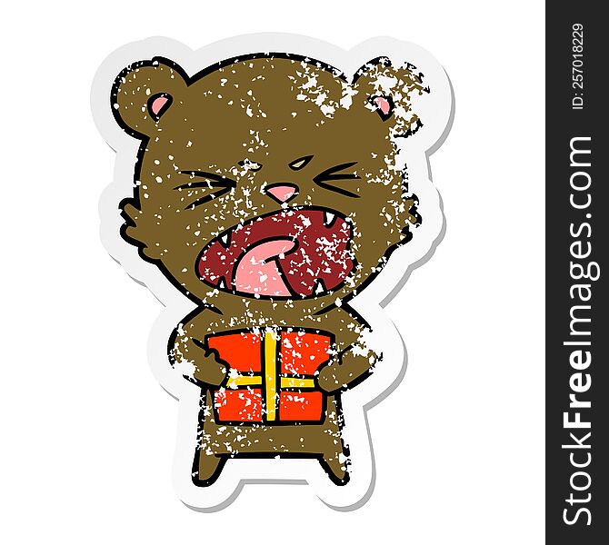 distressed sticker of a angry cartoon bear with present