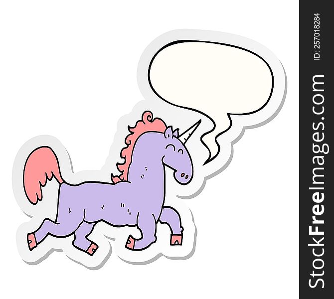 cartoon unicorn with speech bubble sticker. cartoon unicorn with speech bubble sticker