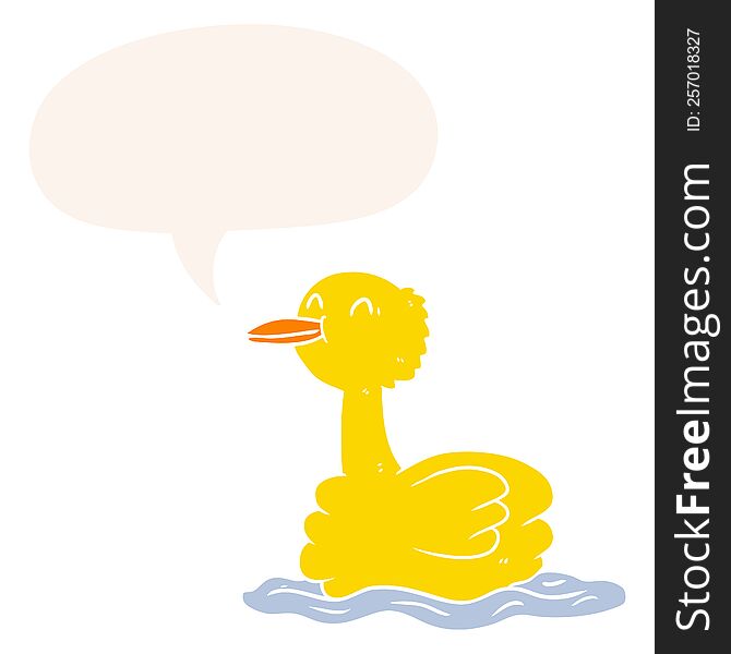 cartoon swimming duck and speech bubble in retro style