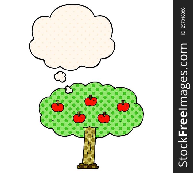cartoon apple tree with thought bubble in comic book style