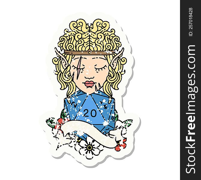grunge sticker of a elf barbarian character face with natural twenty dice roll. grunge sticker of a elf barbarian character face with natural twenty dice roll