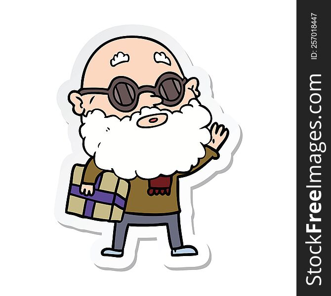 sticker of a cartoon curious man with beard sunglasses and present