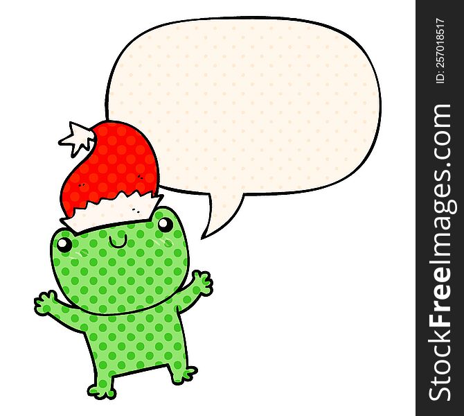 cute cartoon frog wearing christmas hat with speech bubble in comic book style