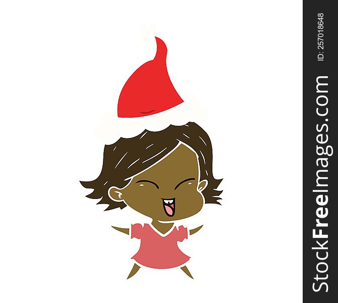 happy hand drawn flat color illustration of a girl wearing santa hat. happy hand drawn flat color illustration of a girl wearing santa hat