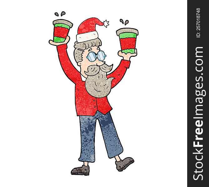 freehand textured cartoon man with coffee cups at christmas