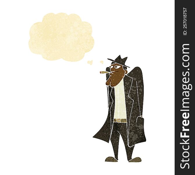 cartoon man in hat and trench coat with thought bubble