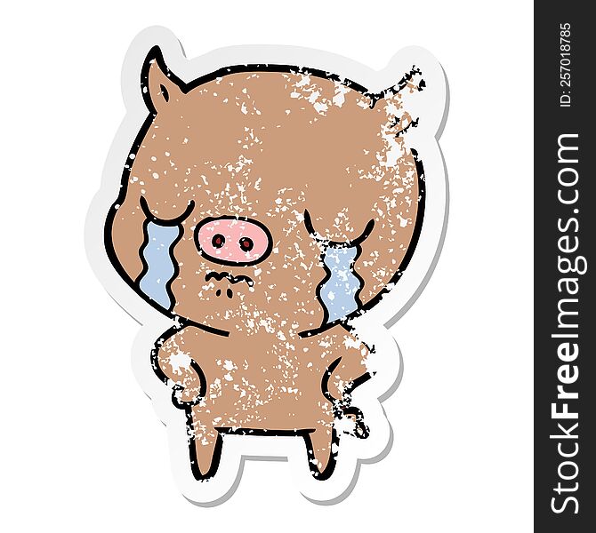 Distressed Sticker Of A Cartoon Pig Crying With Hands On Hips