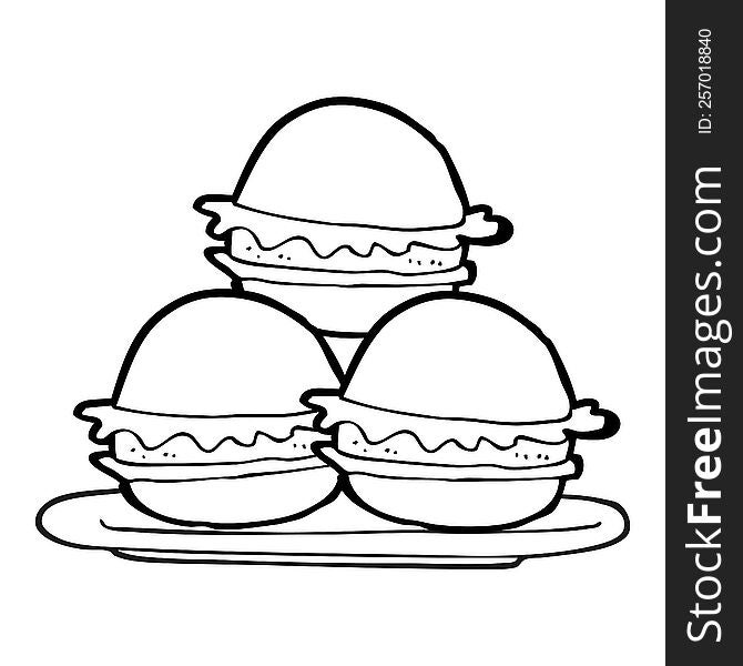 Black And White Cartoon Plate Of Burgers