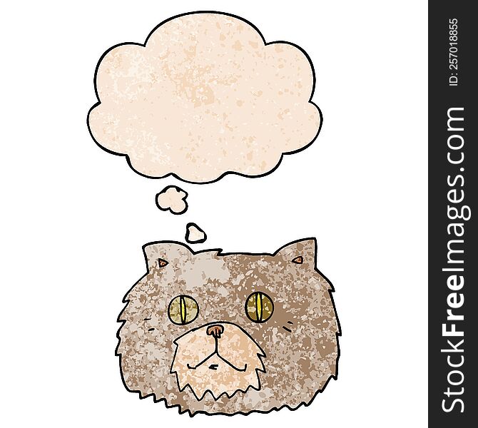 Cartoon Cat Face And Thought Bubble In Grunge Texture Pattern Style