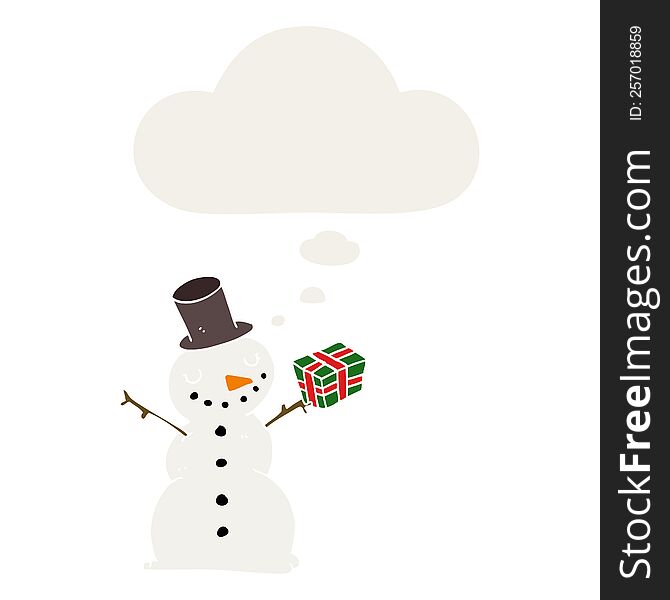Cartoon Snowman And Thought Bubble In Retro Style