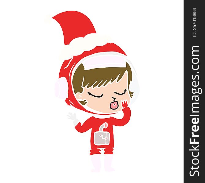 hand drawn flat color illustration of a pretty astronaut girl wearing santa hat
