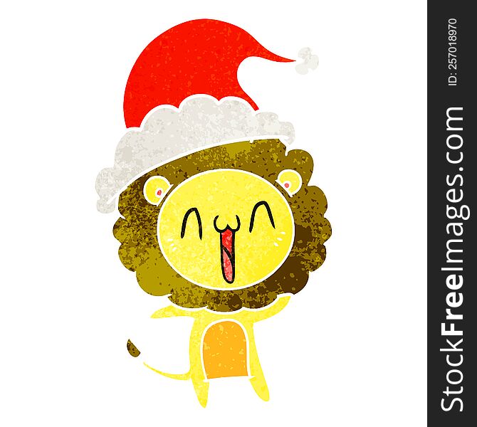 happy hand drawn retro cartoon of a lion wearing santa hat. happy hand drawn retro cartoon of a lion wearing santa hat