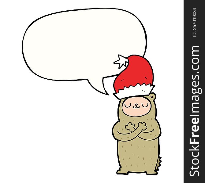 cartoon bear wearing christmas hat with speech bubble