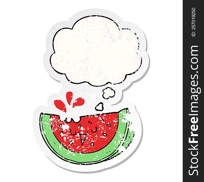 cartoon watermelon with thought bubble as a distressed worn sticker