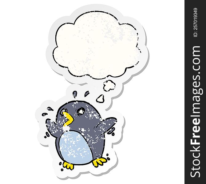 Cartoon Frightened Penguin And Thought Bubble As A Distressed Worn Sticker