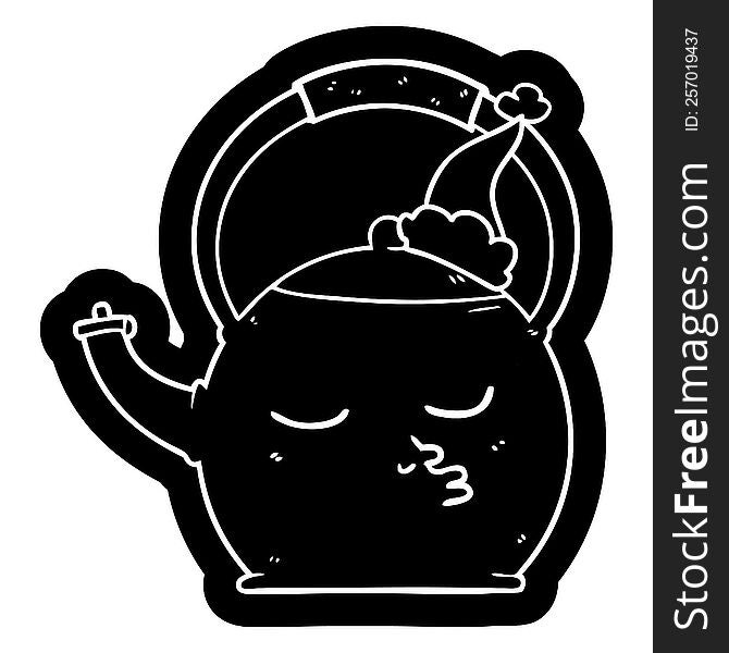 quirky cartoon icon of a kettle wearing santa hat