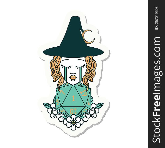 Crying Human Witch With Natural One D20 Dice Roll Sticker