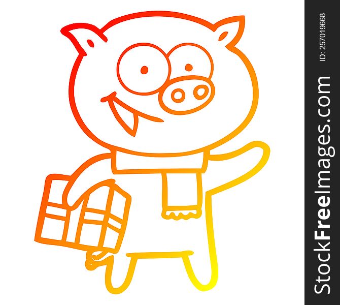 warm gradient line drawing of a cheerful pig with christmas gift