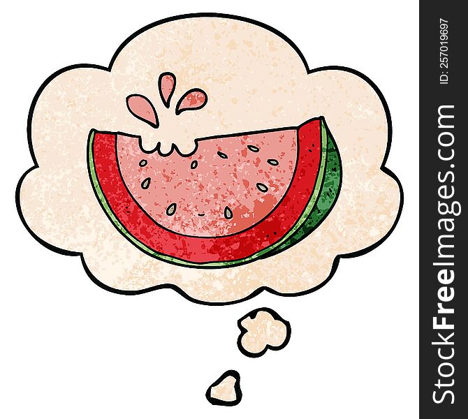 cartoon watermelon with thought bubble in grunge texture style. cartoon watermelon with thought bubble in grunge texture style
