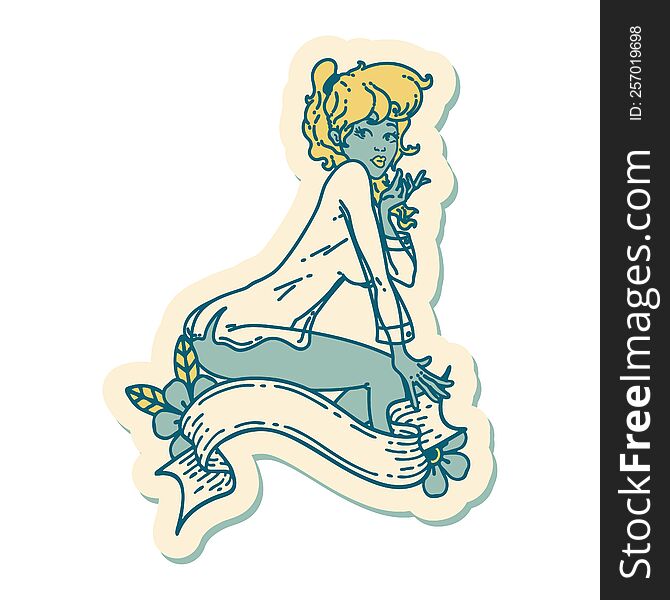 sticker of tattoo in traditional style of a pinup girl wearing a shirt with banner. sticker of tattoo in traditional style of a pinup girl wearing a shirt with banner