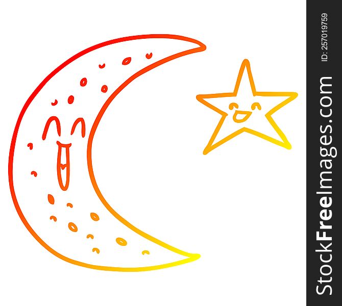 warm gradient line drawing of a happy cartoon moon and star