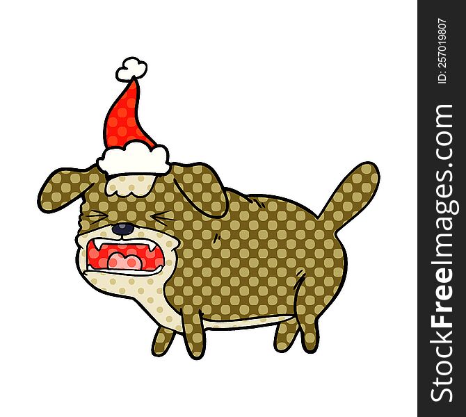 hand drawn comic book style illustration of a dog barking wearing santa hat