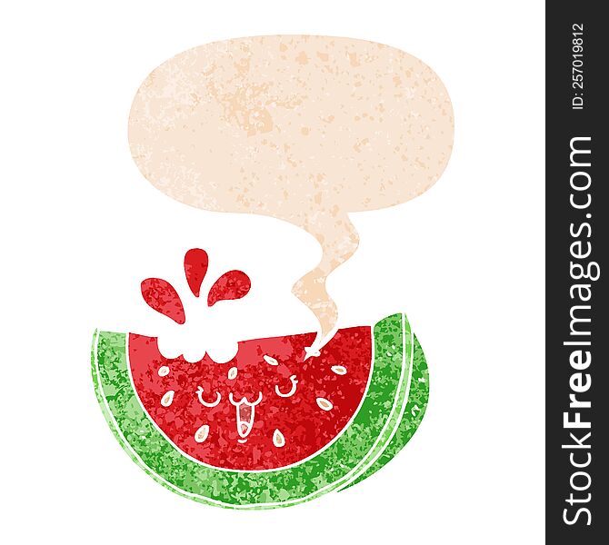 cartoon watermelon and speech bubble in retro textured style