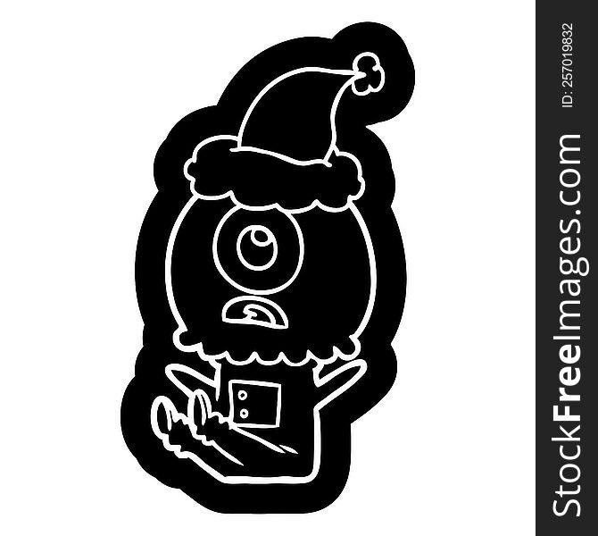 Cartoon Icon Of A Cyclops Alien Spaceman Wearing Santa Hat