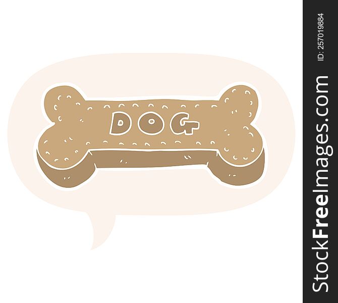 cartoon dog biscuit with speech bubble in retro style