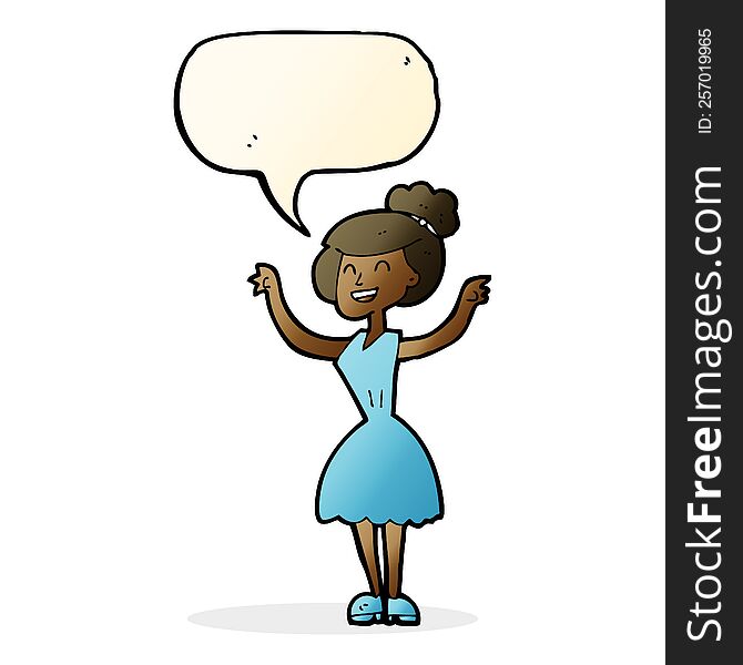 Cartoon Woman With Raised Arms With Speech Bubble