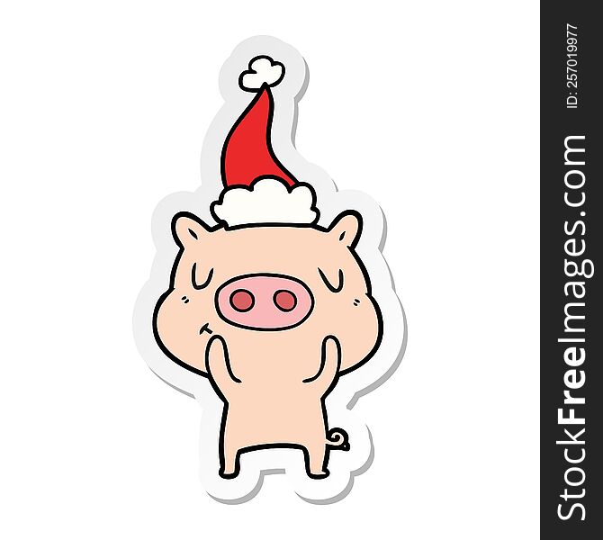 Sticker Cartoon Of A Content Pig Wearing Santa Hat