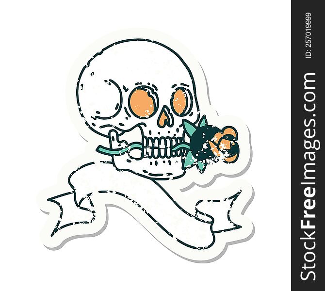 Grunge Sticker With Banner Of A Skull And Rose