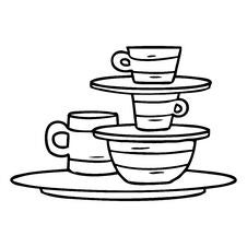 Line Drawing Doodle Of Colourful Bowls And Plates Stock Images