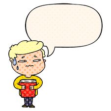 Cartoon Anxious Boy Carrying Book And Speech Bubble In Comic Book Style Stock Images