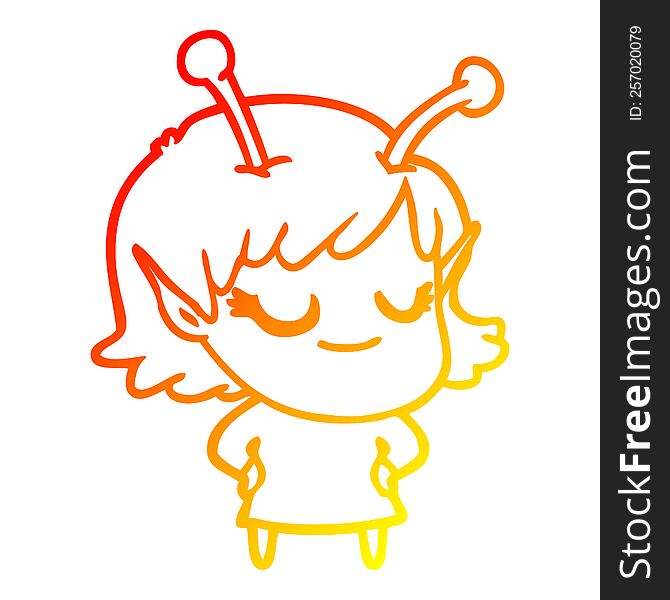 Warm Gradient Line Drawing Smiling Alien Girl Cartoon