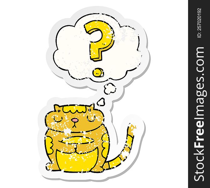 cartoon cat with question mark with thought bubble as a distressed worn sticker