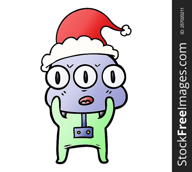 Gradient Cartoon Of A Three Eyed Alien Wearing Santa Hat