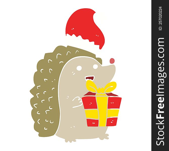 Flat Color Style Cartoon Hedgehog Wearing Christmas Hat