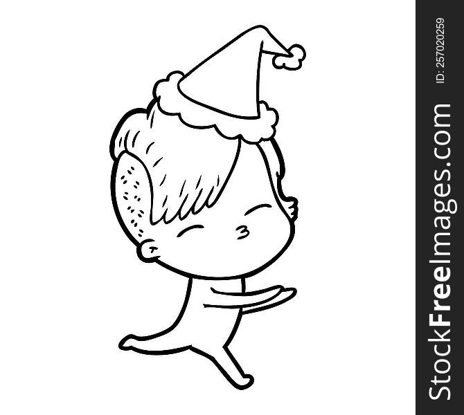 hand drawn line drawing of a girl in onesie wearing santa hat