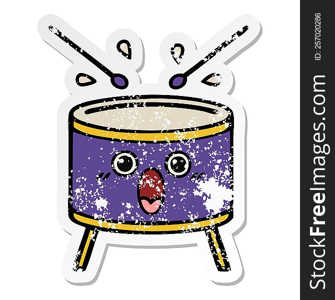 Distressed Sticker Of A Cute Cartoon Drum