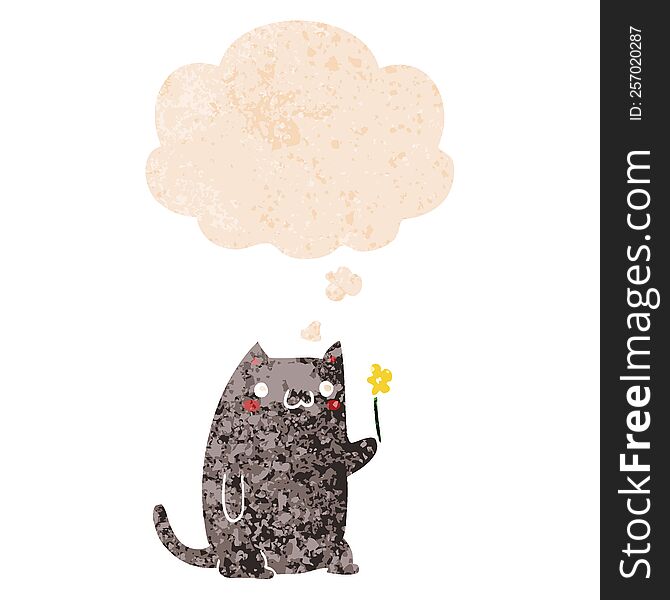 Cute Cartoon Cat And Thought Bubble In Retro Textured Style