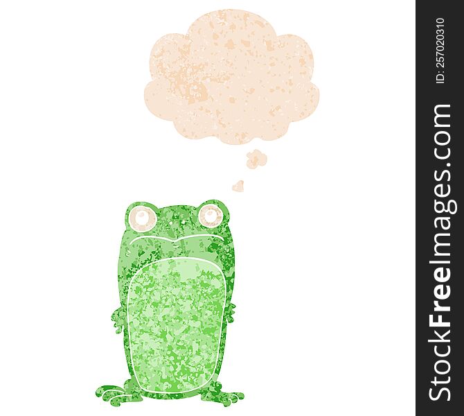 cartoon staring frog with thought bubble in grunge distressed retro textured style. cartoon staring frog with thought bubble in grunge distressed retro textured style