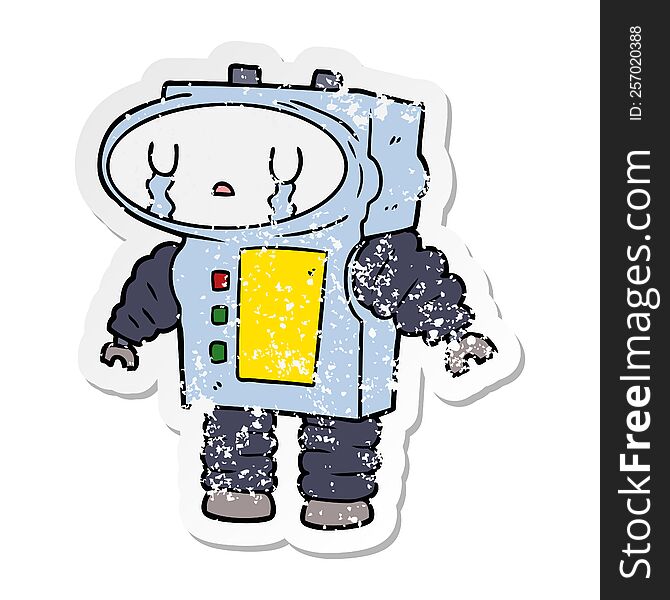 Distressed Sticker Of A Cartoon Robot Crying