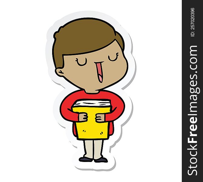 sticker of a cartoon happy boy talking about his book