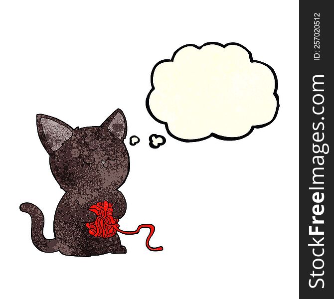 cartoon cute black cat playing with ball of yarn with thought bubble