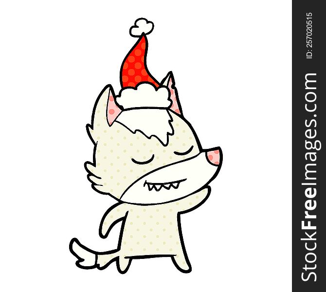 friendly hand drawn comic book style illustration of a wolf wearing santa hat