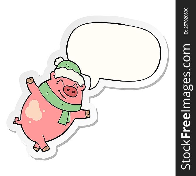Cartoon Pig Wearing Christmas Hat And Speech Bubble Sticker