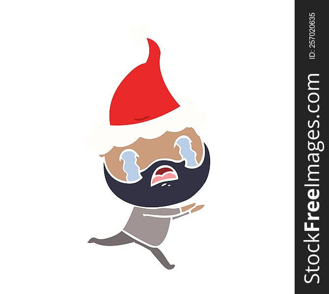 hand drawn flat color illustration of a bearded man crying wearing santa hat