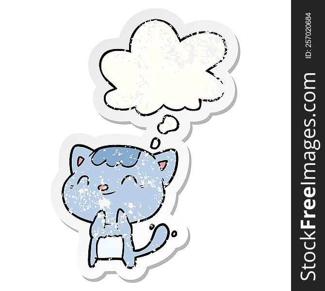 Cartoon Happy Cat And Thought Bubble As A Distressed Worn Sticker